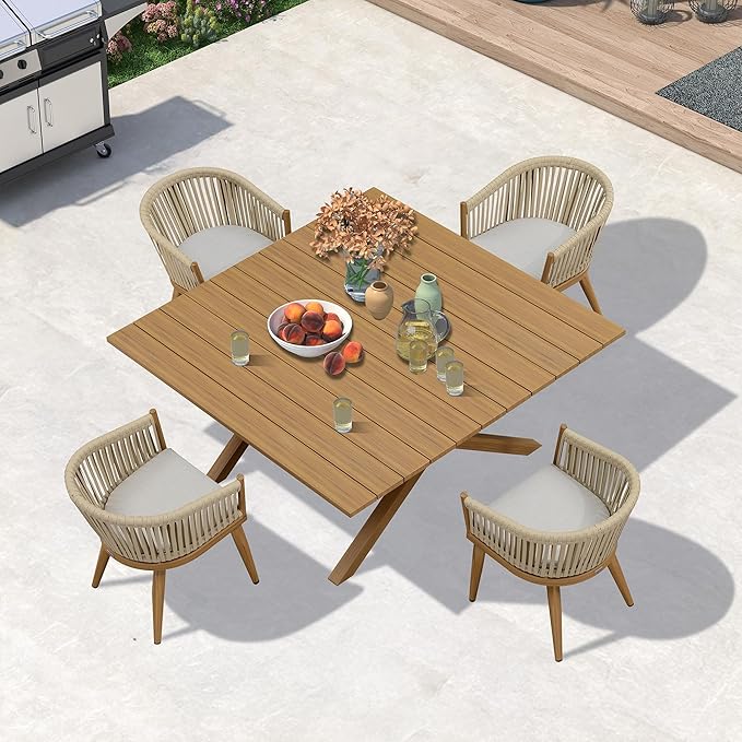 PURPLE LEAF 5 Pieces Oversized Square Outdoor Dining Set with Patio Aluminium Dining Table and Wicker Chairs Modern Furniture Cushions Sets for Backyard Indoor Decor Kitchen Teak