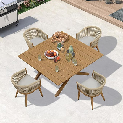 PURPLE LEAF 5 Pieces Oversized Square Outdoor Dining Set with Patio Aluminium Dining Table and Wicker Chairs Modern Furniture Cushions Sets for Backyard Indoor Decor Kitchen Teak