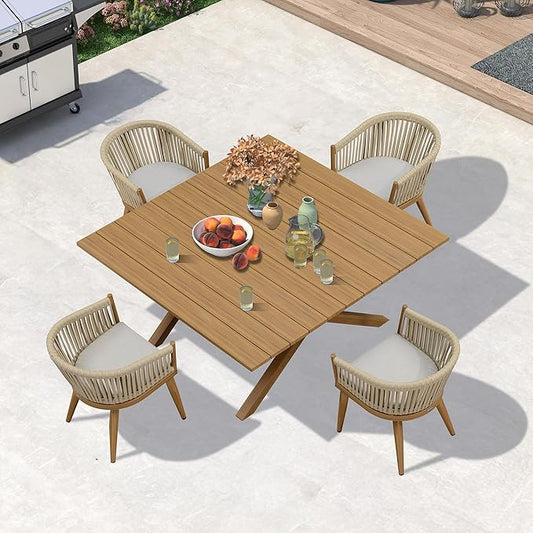 PURPLE LEAF 5 Pieces Oversized Square Outdoor Dining Set with Patio Aluminium Dining Table and Wicker Chairs Modern Furniture Cushions Sets for Backyard Indoor Decor Kitchen Teak