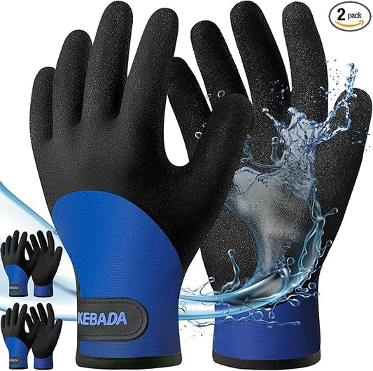 Kebada T2 Waterproof Work Gloves for Men and Women, Thermal Warm Winter Working Gloves, Insulated Freezer Gloves for Cold Weather, 100% Latex Coating, Wrist Closure, 2 Pairs, Blue, Medium
