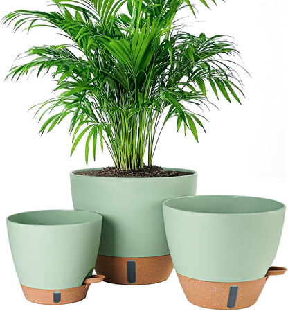 8/10/12 Inch Self Watering Pots for Indoor/Outdoor Plants - Large Plastic Planter with Drainage Holes, Water Level Indicator & Deep Reservoir, Modern Decorative Flower Pots (Green)