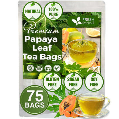 FreshDrinkUS, Premium 75 Papaya Leaf Tea Bags, 100% Natural & Pure from Papaya Leaves. Loose Leaf Papaya Herbal Tea. Made with Natural Material Tea Bags. No Sugar, No Caffeine, No Gluten, Vegan.