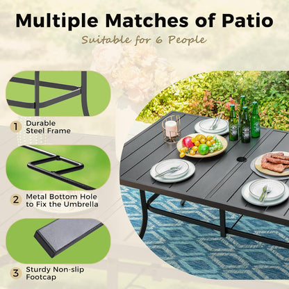 Outdoor Patio Dining Table for 6, 60" x 35" Rectangular Metal Patio Dining Table with Umbrella Hole for Garden, Backyard and Porch