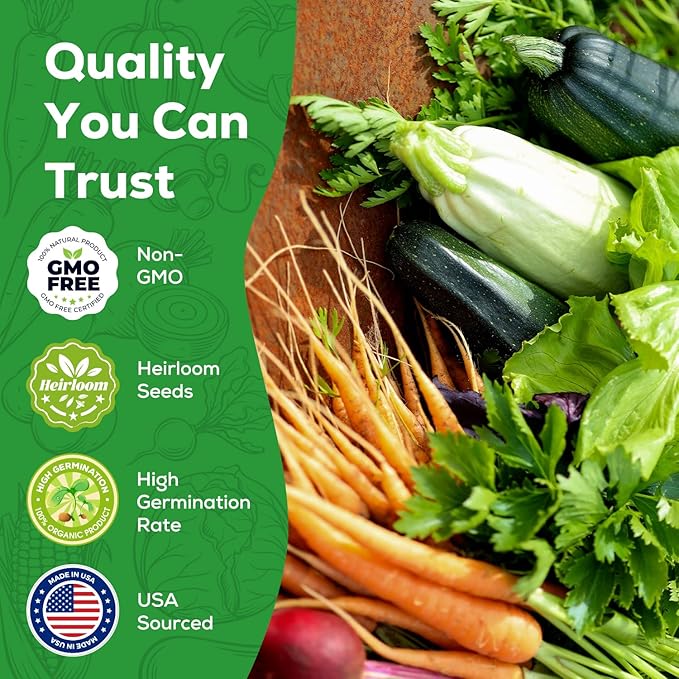 10 Vegetable Seeds Pack - Non GMO, Heirloom - Basil, Snap Pea, Broccoli, Bean, Jalapeño Pepper, Tomato, Lettuce, Cucumber, Carrot, Zucchini Seeds for Planting Home Garden