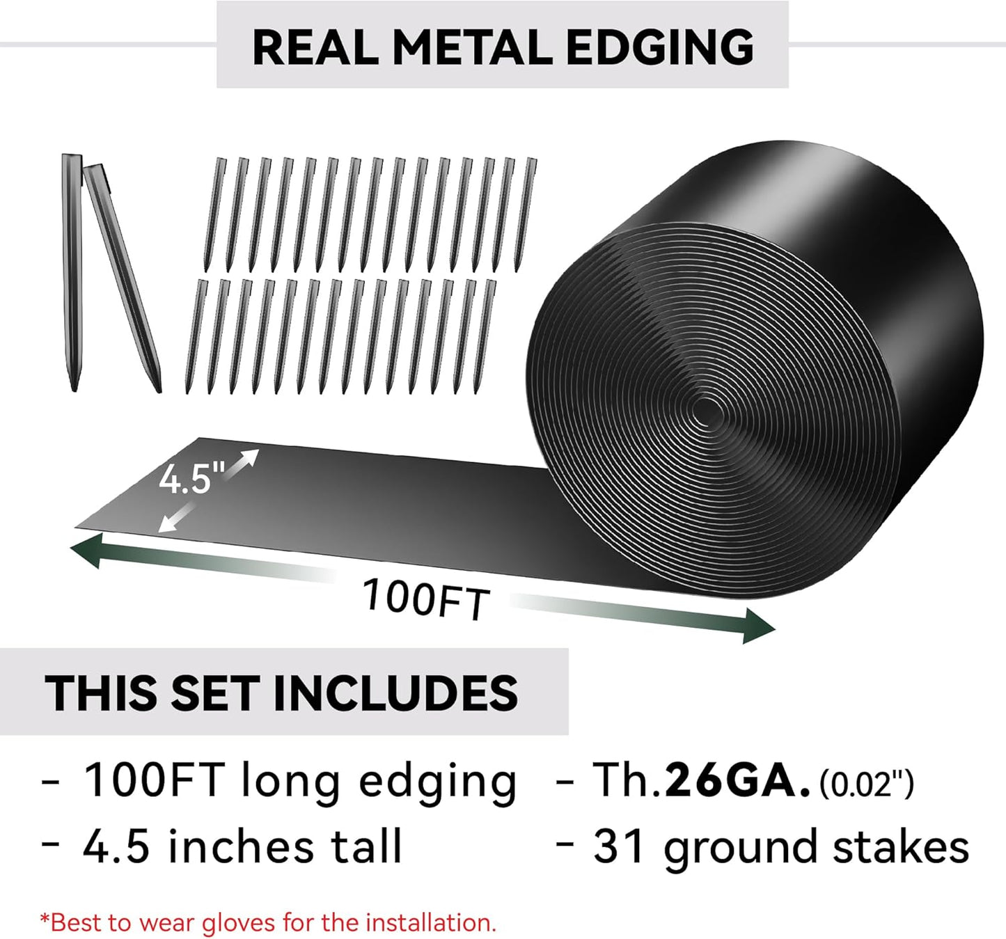 Metal Garden Landscape Edging with 31 Pcs Stakes, 4.5" x 100Ft Galvanized Steel Lawn Edgings Roll Flexible Coil Border for Landcaping,Flower Bed,Black