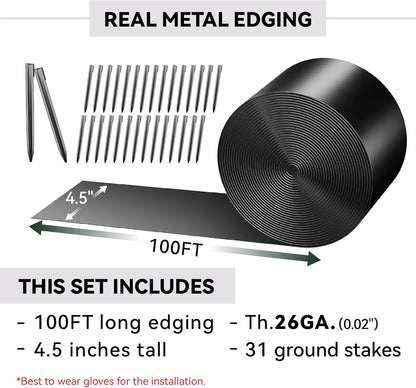 Metal Garden Landscape Edging with 31 Pcs Stakes, 4.5" x 100Ft Galvanized Steel Lawn Edgings Roll Flexible Coil Border for Landcaping,Flower Bed,Black
