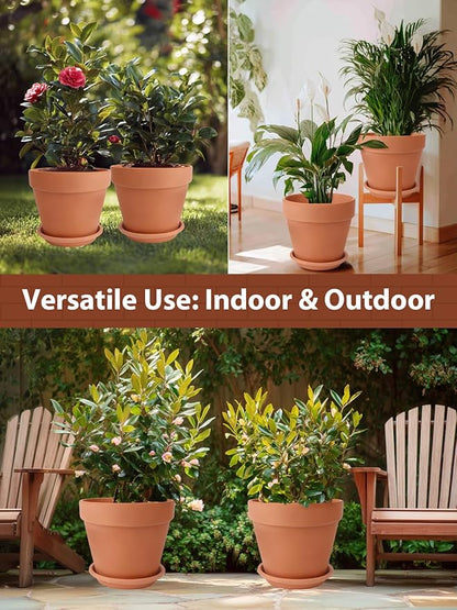 INGOFIN Terracotta Pot Set of 2 with Saucer - 10 Inch Ceramic Clay Pot for Plants with Drainage Hole, Large Terra Cotta Flower Planter with Tray for Indoor Outdoor Plants