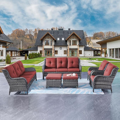 Rilyson Wicker Patio Furniture Sofa Set - 6 Piece Rattan Outdoor Patio Sectional Conversation Sets with 2 Sofa,2 Armrest Chairs and 2 Ottomans for Porch Deck Garden(Mixed Grey/Red)