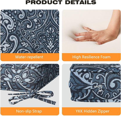 Square Corner Seat Cushions, 19" x 19" x 3", Set of 4, Indoor Outdoor Water Repellent Universal Chair Pads with Ties for Patio Furniture, Garden Deck Dining Chairs, Damask Blue Flower