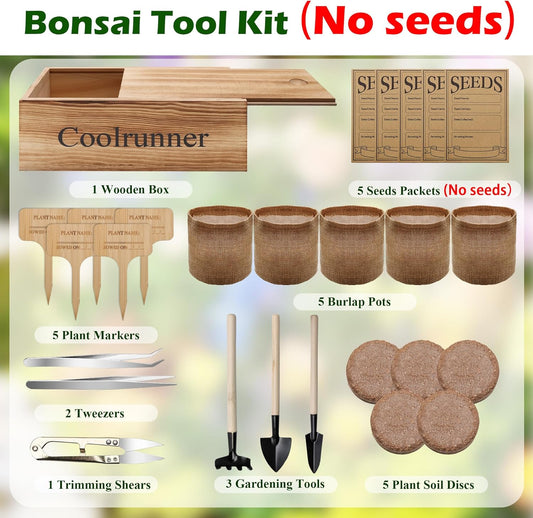Bonsai Tree Kit, Wooden Bonsai Starter Kit, Coolrunner Bonsai Tree Starter Kit, Mini Bonsai Plant Growing Kit with Seeds Packets, Soil Discs, Jute Bags, Plant Markers, Gardening Tools etc (No Seeds)