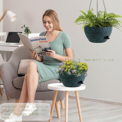 12 Inch Hanging Baskets 2 PC with Chains, Self-Watering Hanging Planters for Indoor Outdoor Plants, Plastic Hanging Flower Pots, Black with Green Speckles