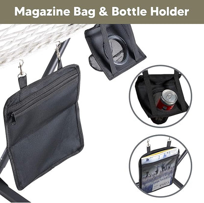 SUNCREAT Cotton Rope Hammock for Two People with Hardwood Spreader Bars, Quilted Fabric Pad & Detachable Pillow, Extra Large Hammock with 12 FT Steel Stand, Ipad Bag & Cup Holder, Green&Beige