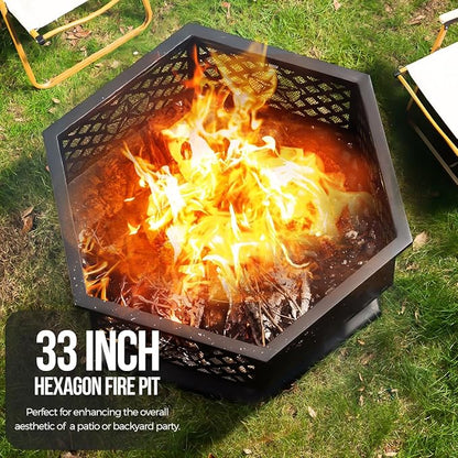 33 Inch Outdoor Fire Pit, Hexagon Shaped Wood Burning Fire pits for Outside, Metal Firepit with Fire Poker&Mesh Cover for Bonfire, Patio, Yard, Garden,Beach and Camping (33'' Black)