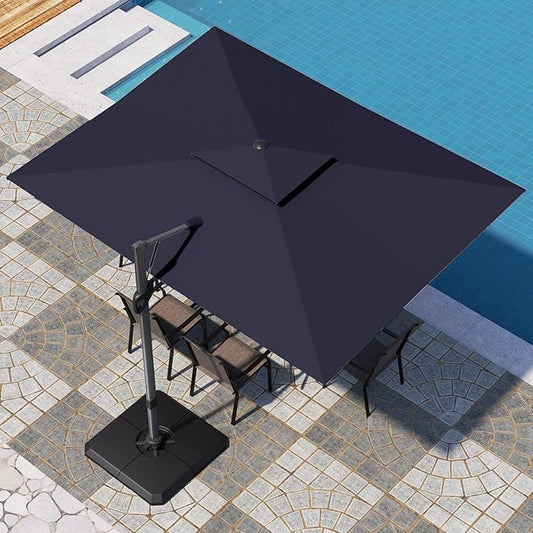 PHI VILLA 9' X 12' Cantilever Patio Umbrella with Base, Outdoor Large Rectangular Umbrellas with 360°Rotation, Heavy Duty Hydraulic Double Umbrella Windproof for Outside, Navy Blue