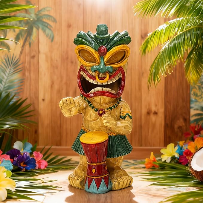 Solar Tiki Garden Statue with LED Eyes Outdoor Polynesian Drummer Hawaiian Party Decor Solar Light Ornament for Patio Porch Lawn Tiki Bar or Tiki Lover Funny Stocking Stuffers Gifts