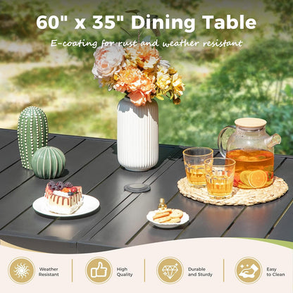 Outdoor Patio Dining Table for 6, 60" x 35" Rectangular Metal Patio Dining Table with Umbrella Hole for Garden, Backyard and Porch