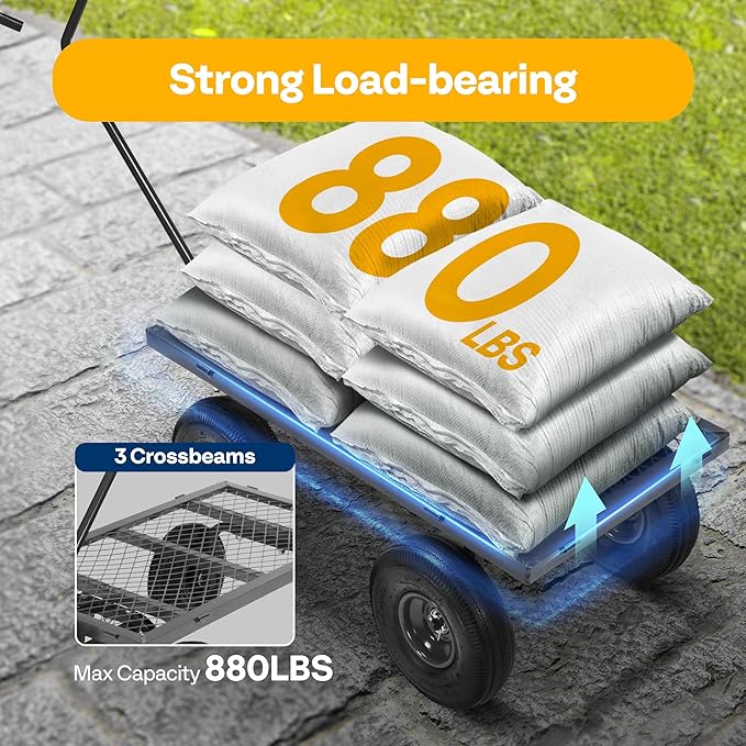 VIVOHOME Heavy Duty 880 Lbs Capacity Mesh Steel Garden Cart Folding Utility Wagon with Removable Sides and 4.10/3.50-4" Wheels 10 inch Tire (Grey)