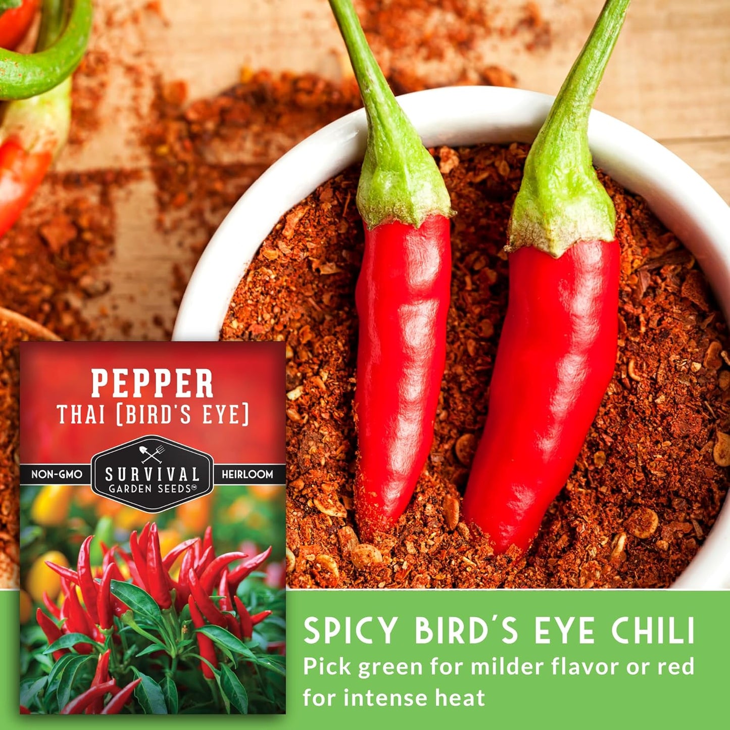 Thai Chili Pepper Seeds for Planting | Heirloom Bird’s Eye Hot Variety – Non-GMO Seeds for Spicy Cooking & Containers – Survival Garden Seeds (3 Packs)