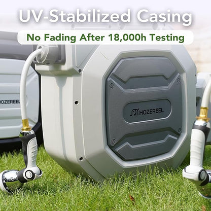 5/8" x 100 ft Heavy Duty Retractable Garden Hose Reel by HOZEREEL, Outdoor Garden Hose Reels - Self Retract Wall Mount Hose Reel Automatic Storage, 10 Pattern Nozzle, Grey