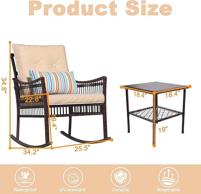 DECMICO 3 Pieces Patio Furniture Set, Wicker Rocking Chairs Bistro Set with Coffee Table, Outdoor Conversation Set for Garden and Balcony (Brown Rattan Beige Cushion)