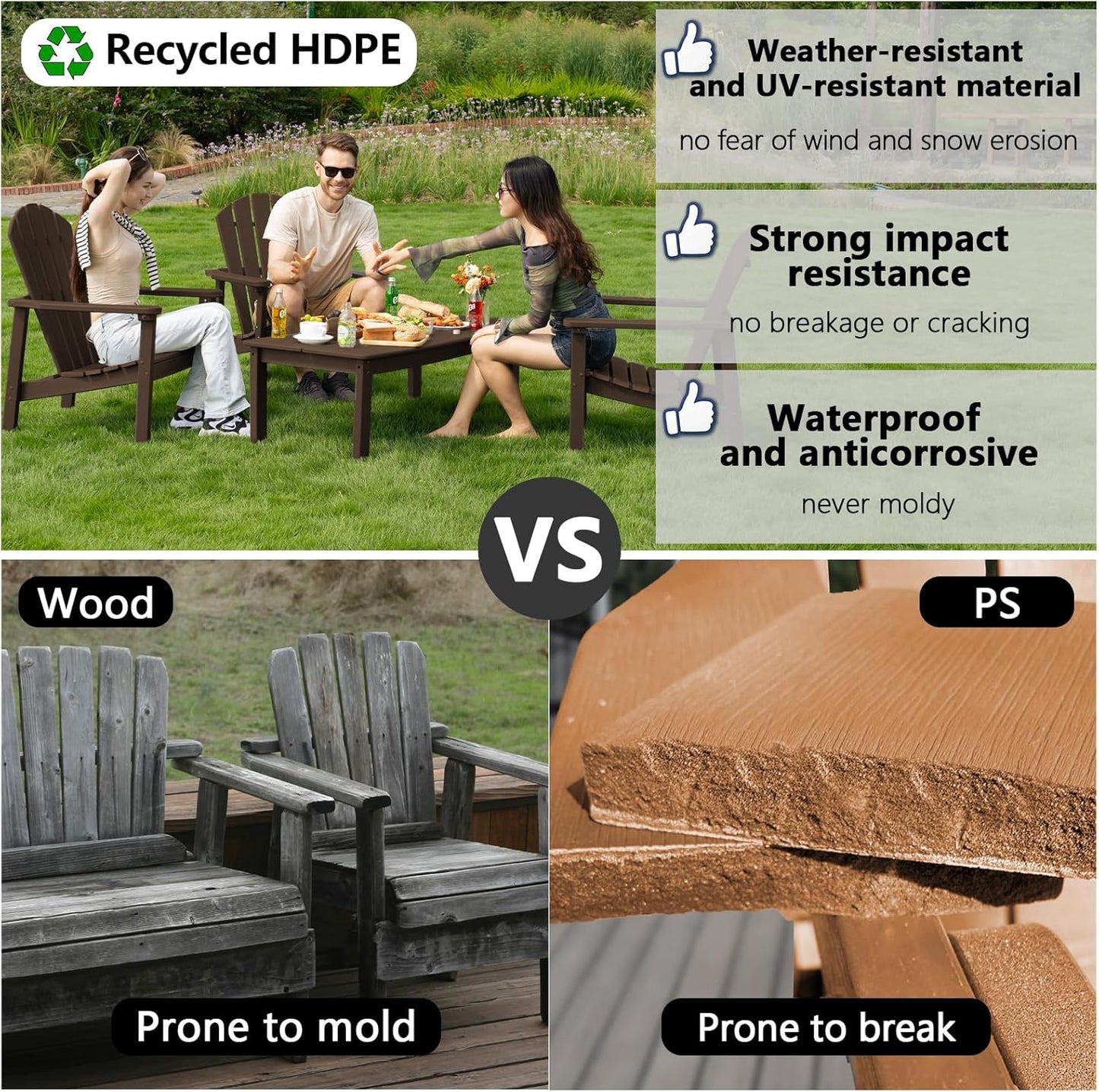 Stackable Adirondack Chair Set of 4, HDPE Outdoor Patio Chair - Durable and Space Saving, Suitable for Porches, Lawns or Garden, Coffee
