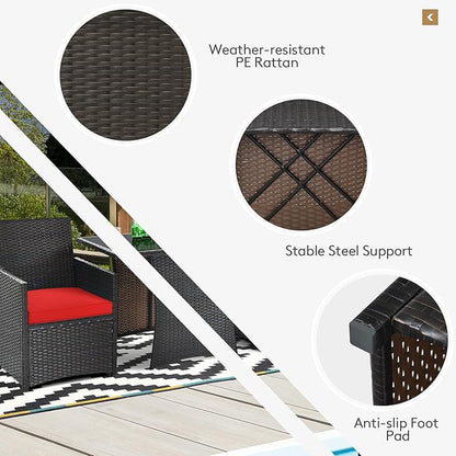 Tangkula 3 Pieces Patio Dining Set, Space-Saving PE Rattan Bistro Set with Tempered Glass Top Table and Cushioned Chairs, Outdoor Conversation Set for Garden Backyard Poolside Porch (Red)