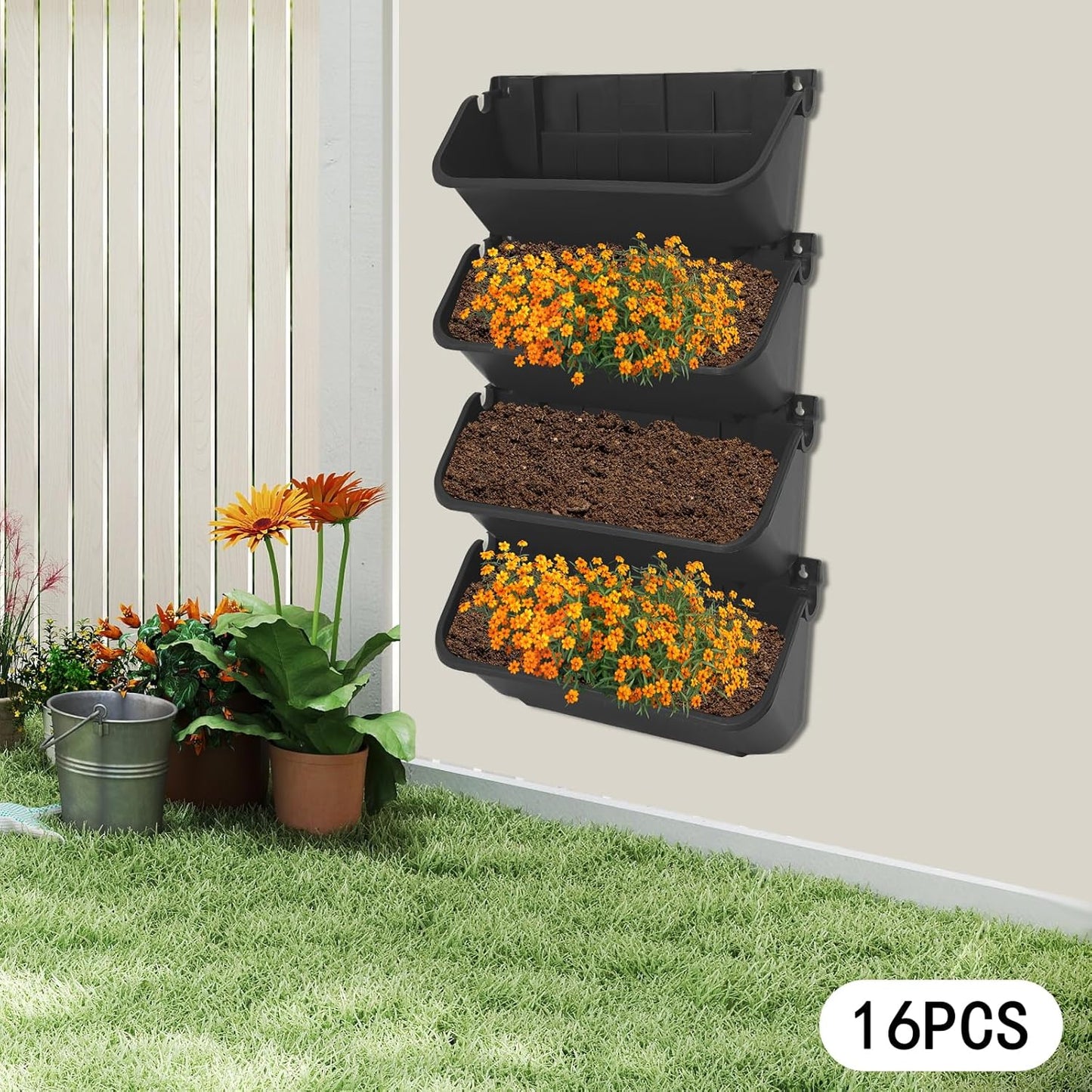 Vertical Wall Planter, Wall-Mounted Living Garden Planter with 16 Plastic Pots Stackable Wall Hanging Flower Pot Clasp Design for Vegetables Flowers (Black 16)