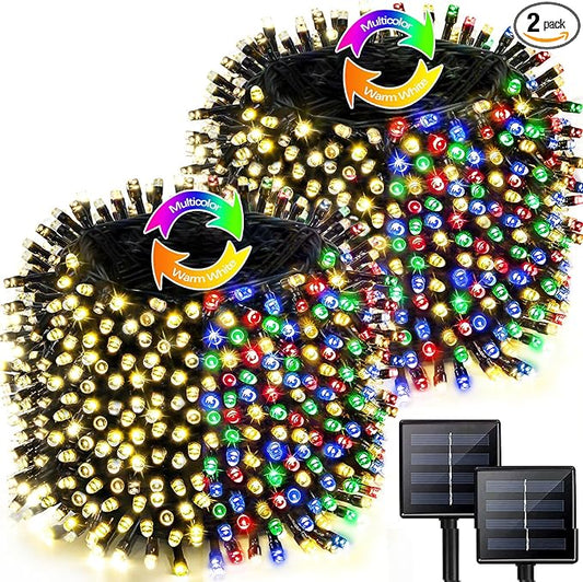 2 Pack 480 LED Solar Chrismas Lights Outdoor, 170 FT Solar String Lights for Outside with 8 Modes & Memory Function, Waterproof Twinkle Light for Xmas Tree Party Decorations (Warm White & Multicolor)