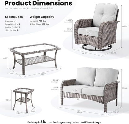 ovios 8 Pieces Patio Furniture Set, Outdoor Wicker Sofa with Swivel Chairs, Coffee Table, All Weather High Back Rattan Loveseat Couch with Comfy Cushions, Grey