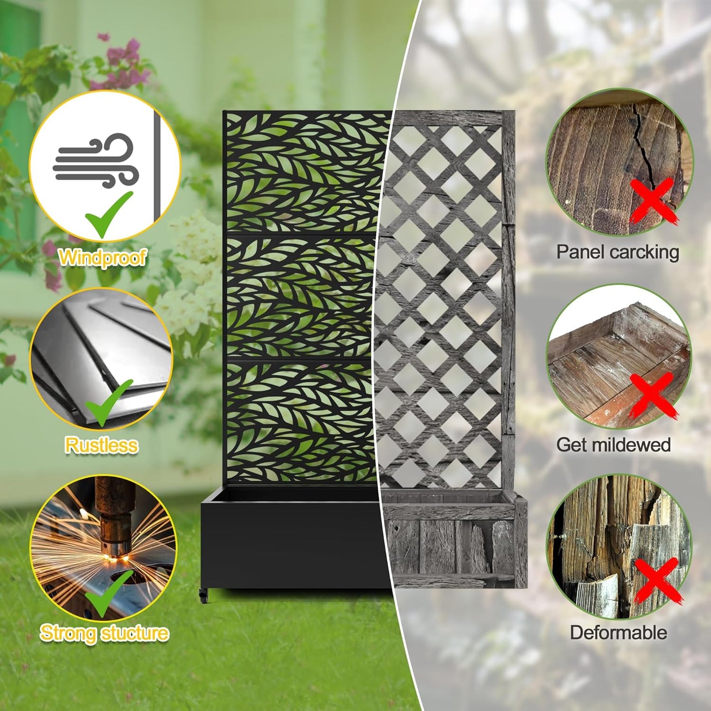 FENCY Metal Raised Garden Bed with Wheels and Trellis,73"x47"x16" Planter Box for Climbing Plants, Vegetables & Vines, Features Privacy Screen and Drainage Holes (Black-Leaf)