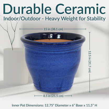 Sunnydaze Studio Large Ceramic Plant Pot - Round Outdoor Glazed Ceramic Planter Pot with Drainage - Imperial Blue - 14.5"