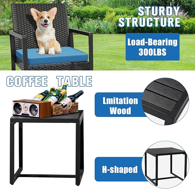 WWR 3 Pieces Outdoor Patio Furniture Set Rocking Wicker Rattan Chair Set Patio Bistro Conversation Set 3 Pcs with Coffee Table for Yard & Bistro (Blue)