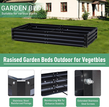 Metal Raised Garden Bed 8x4x1Ft Outdoor Large Metal Galvanized Planter Boxes Kit for Vegetables, Flowers, and Herbs,Garden Beds with 2Pcs Tomato Cage 1Pc Gloves,Black