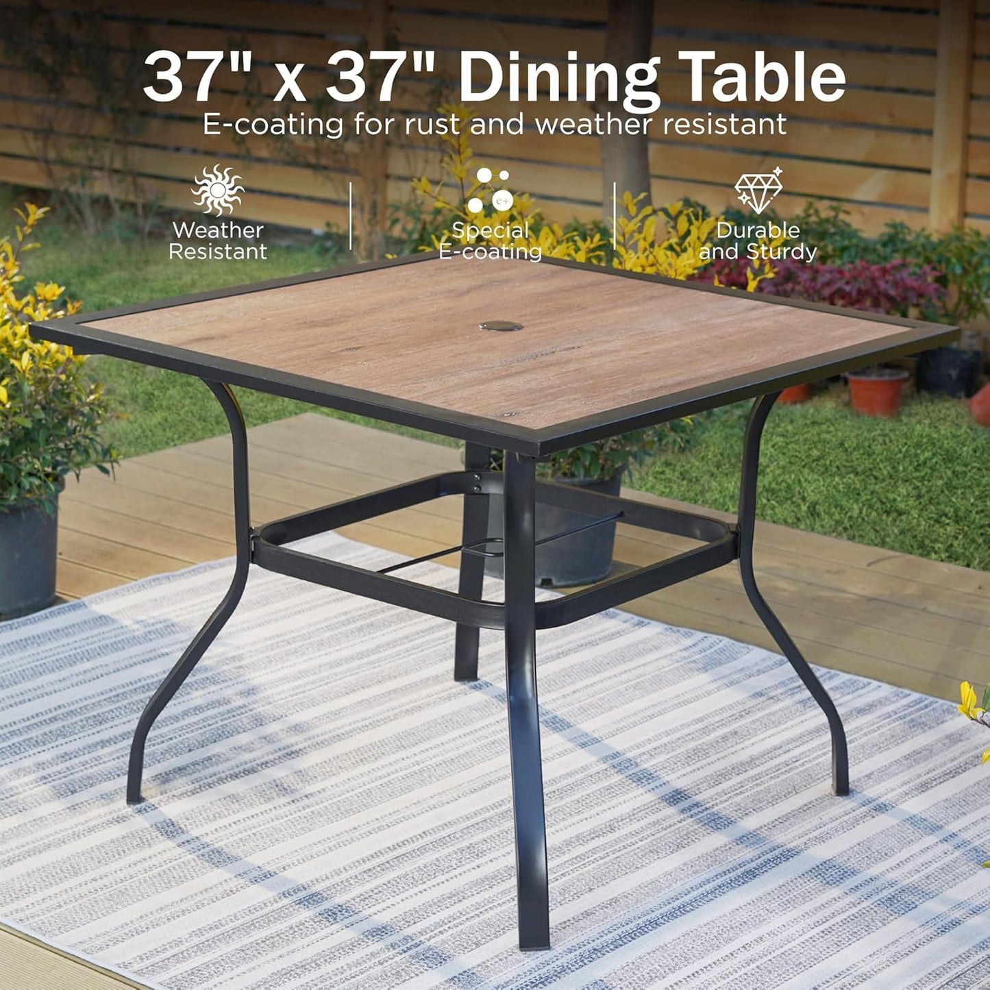 PHI VILLA 37" x 37" Patio Dining Table Outdoor Dining Furniture Umbrella Table with 1.57" Umbrella Hole, Steel Frame with Premium PVC Table Top for Patio, Lawn Garden