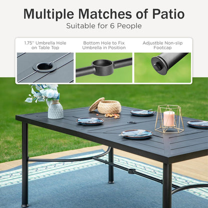 PHI VILLA 64" Large Metal Patio Dining Table Steel Rectangular Outdoor Table, Weather-Resistant Table with 1.77" Umbrella Hole for Lawn Backyard Garden, Black