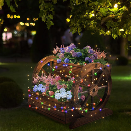 Wooden Wagon Planter Box with Solar Light, Garden Planter with Wheels,Decorative for Flowers Herbs Vegetables for Indoor & Outdoor Decor,Wooden Flower Cart for Patio Garden Balcony