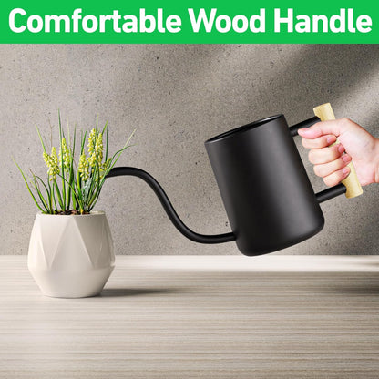 35 Ounce Metal Small Indoor Watering Can with Long Spout & Real Wood Handle for House Plants, Succulents, Cacti & Seedlings - Black Long Spout Watering Can Indoor Plants - Gentle Flow & No Spills