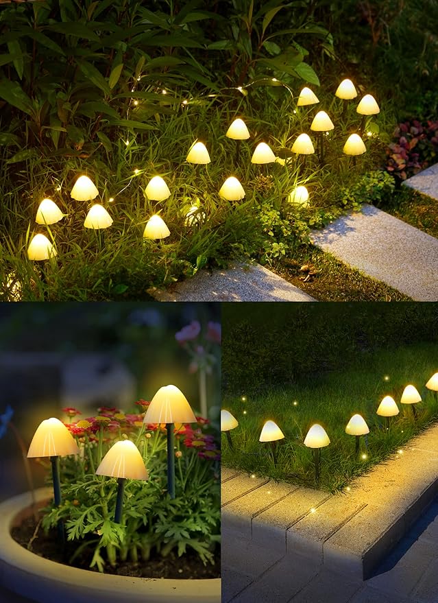Solar Mushroom Garden Lights for Outside, 20 LED 32.8FT Solar Pathway Lights Outdoor Waterproof for Fence with 8 Lighting Modes for Patio Yard Decorative