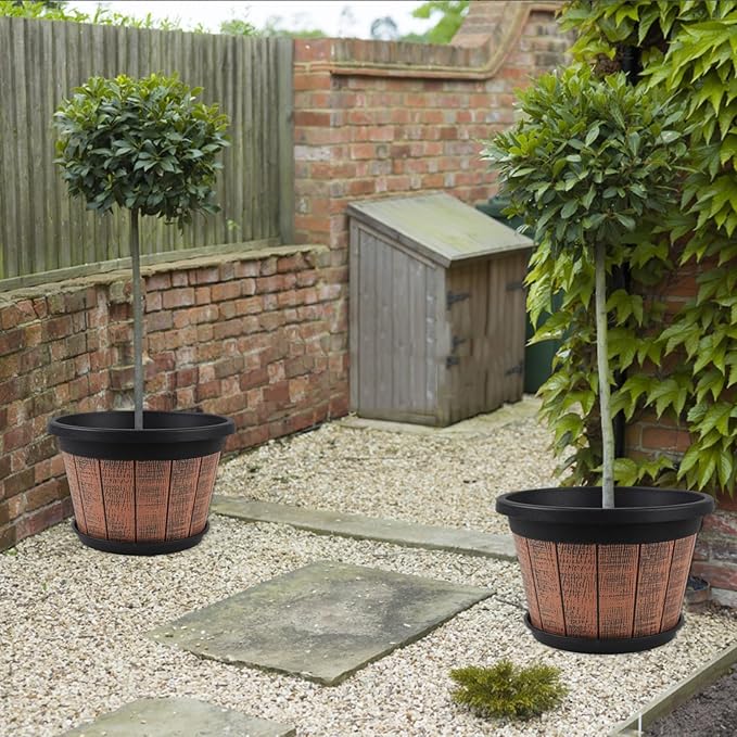 Quarut Large 4 Pack 16 inch Plant Pots,Whiskey Barrel Planters with Drainage Holes & Saucer,Plastic Decoration Flower Pots Retro Design,Planters for Outdoor Indoor Garden Balcony Plants (Brown)