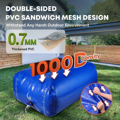 LANUEVA 158 Gal/600L Portable Water Storage Bladder, 1000D PVC Foldable Water Tank with Spigots and Overflow Kit, Water Storage Containers for Emergency Water, RV, Irrigation&Camping (Blue, 600L)