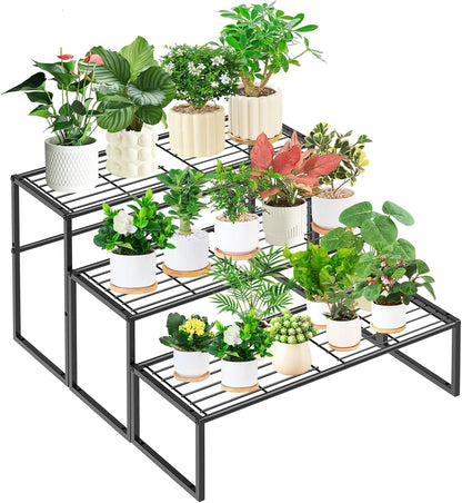 3 Tier Metal Plant Stand Indoor Outdoor, Potted Multiple Flower Pot Holder Rack Plant Shelf, Heavy Duty Planter Display Shelving for Patio Balcony Garden Living Room Decorative (3 Tier- Black)