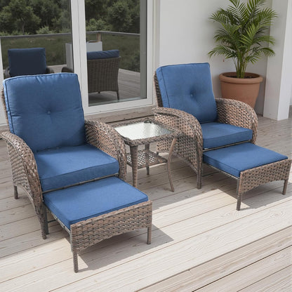 5 Piece Patio Furniture Set - Wicker Balcony Furniture Set with Hidden Ottomans, Rattan Outdoor Patio Chairs with Side Table for Porch Deck Poolside Garden Brown/Blue