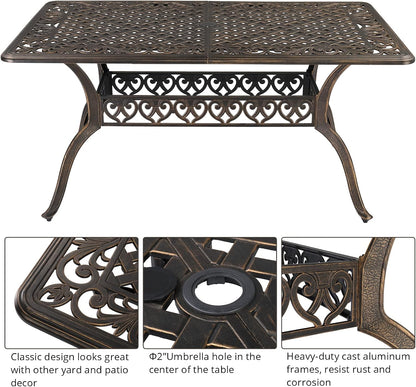 Outvita 59inch Patio Dinning Set, Outdoor Cast Aluminum Large Rectangle Table with Umbrella Hole and 6 Pieces Dining Chairs with Cushion for Backyard Pool Balcony Deck