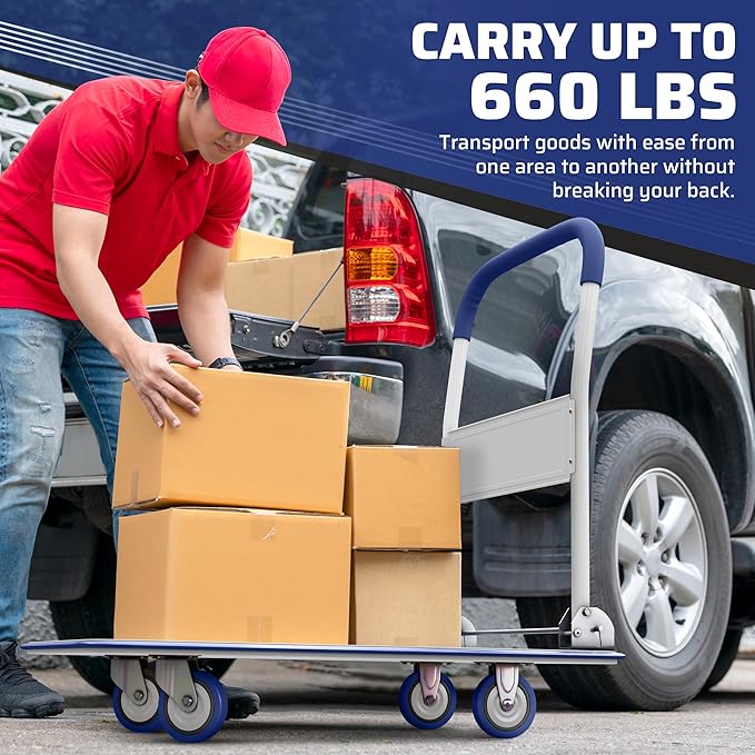 Heavy Duty Foldable Push Cart Dolly | 660 lbs. Capacity | Upgraded Collapsible Hand Truck Folding Platform with Swivel Wheels | Flat Bed Moving Wagon | Space Saving Push Handle (Blue)