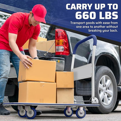 Heavy Duty Foldable Push Cart Dolly | 660 lbs. Capacity | Upgraded Collapsible Hand Truck Folding Platform with Swivel Wheels | Flat Bed Moving Wagon | Space Saving Push Handle (Blue)