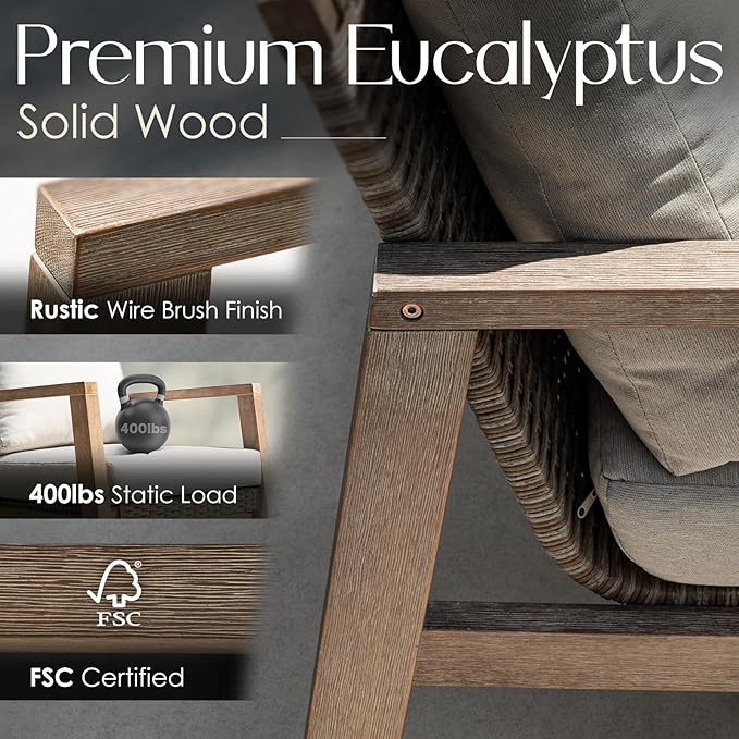 IDZO Olivier Eucalyptus Outdoor Club Chairs Set of 2, 400lbs Heavy Duty Wood Patio Furniture Set, Ergonomic Slanted Backrest Design, 4.5in Thick Cushion