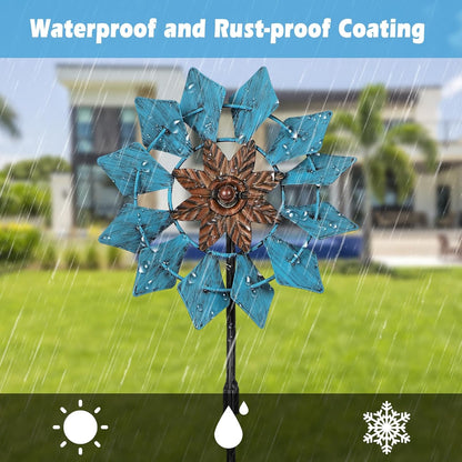 3 Pack Wind Spinners with Metal Stake, 16.3 Inches Yard Garden Sculptures for Outdoor Spring Decoration Lawn Patio Wind Catcher Windmill (Blue Flower)