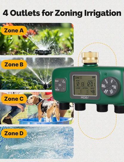 MOES 4 Outlet Sprinkler Timer, Brass Inlet, Programmable Automatic Irrigation Controller, Rain Delay, Manual Watering, 4 Zone Water Hose Timer for Gardens, Lawns, and Hose Systems