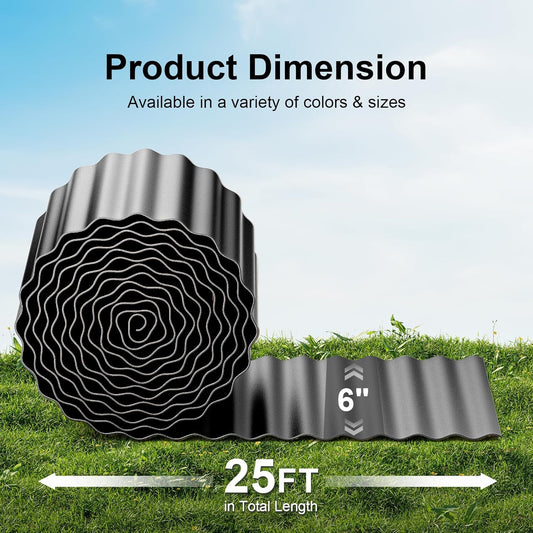 Land Guard Corrugated Garden Edging Border, 6" x 25' Landscape Paver Edging, Tall Landscape Edging, Fence for Garden, Flower Bed, Lawn and Landscape Edging (Glossy Black)