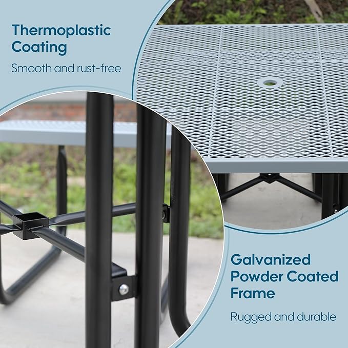 46" Square Picnic Table W/Benches,Heavy Duty Metal Picnic Table Set with 2in Umbrella Hole, 1600 lb Capacity,Commercial Dining Table Furniture for Yard Patio Lawn Party Coffee Shop